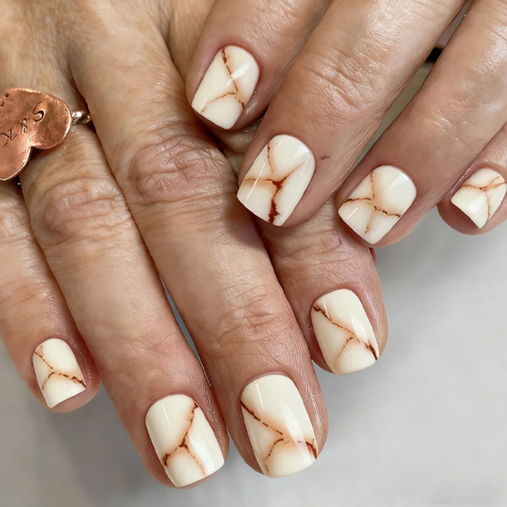 

24Pcs Short Square Press on Nails - Marble Cream White with Brown Cracked Stripes | Minimalist Style