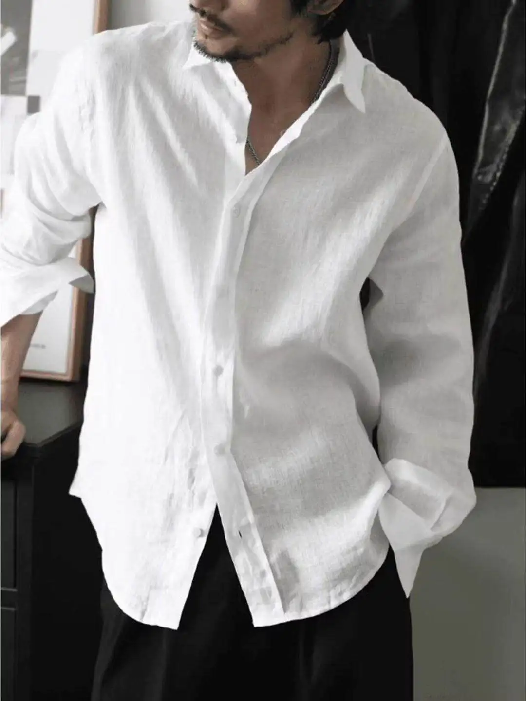 

White Linen Silk Shirt Men's Summer Thin Long Sleeve Neck Cotton PU Leather Outerwear Citywalk Style Standard Fit 3D Effect