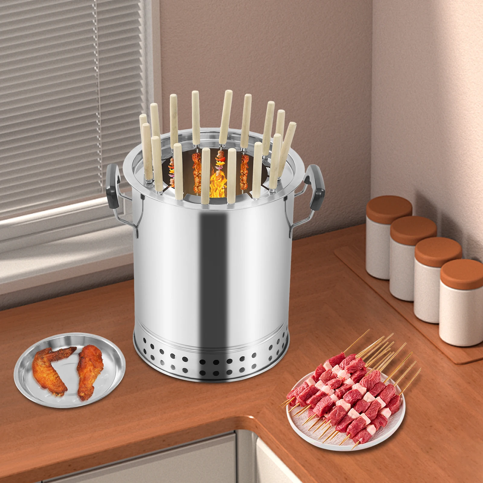 

Silver Charcoal Grill(Requires Assembly, 10.2*11.8In) - 3 S Hooks+2 Chicken Wing Sticks+5 Snaps, Freestanding Mount