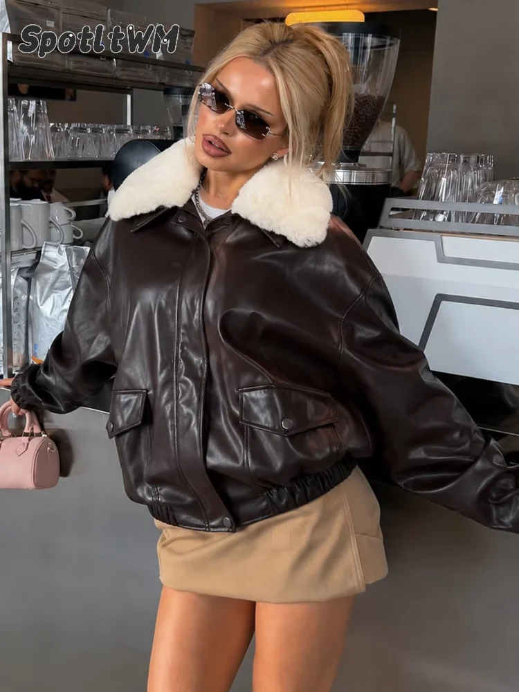 Chic Women Faux Leather Bomber Jacket Furry Fur Collar Oversized Zip Up Coat Pockets Loose Winter Motorcycle Biker Crop Jackets