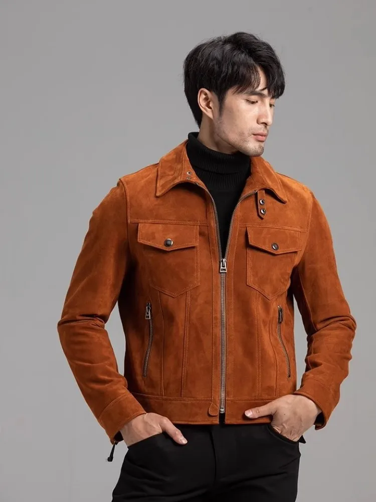 Design Mens Vintage Lapel Genuine Leather Jacket High Quality Suede Sheepskin Cargo Short Coat Zipper Slim Fit Autumn Outerwear