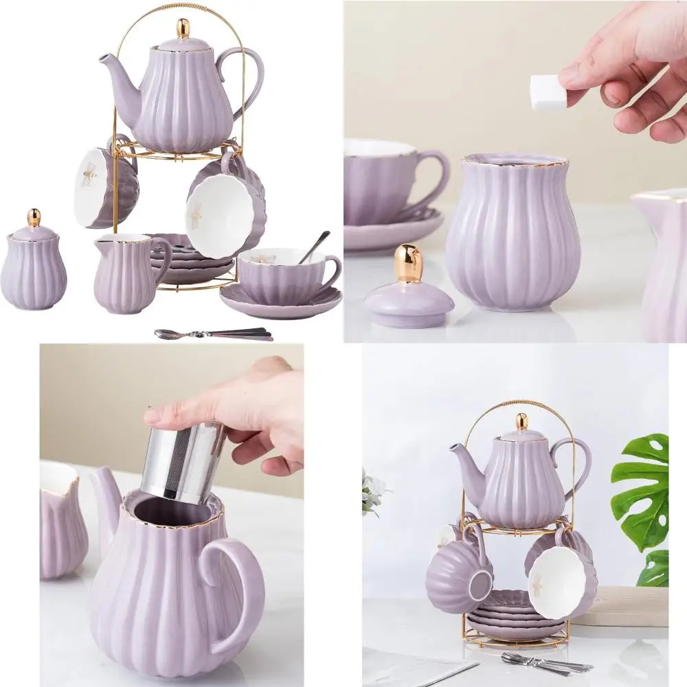 

CLAY TONIC-- 8 OZ Fine China Purple Coffee Cup/Teacup Set, Cups & Saucer, with Teapot-Sugar Bowl-Cream Pitcher Teaspoons and tea