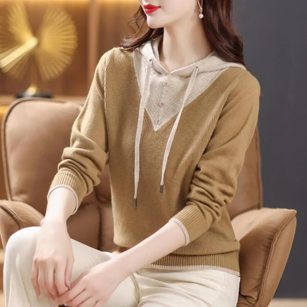 

Winter Hoodie Cozy Drawstring Hooded Sweater for Women Color Matching Patchwork Knitted Pullover Thick Warm Winter Sweater