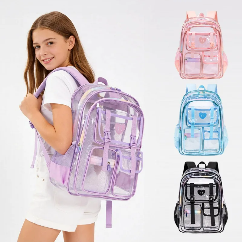 Children's Transparent PVC Backpack with Multiple Pockets and Adjustable Shoulder Straps for Girls' Leisure Travel Backpack