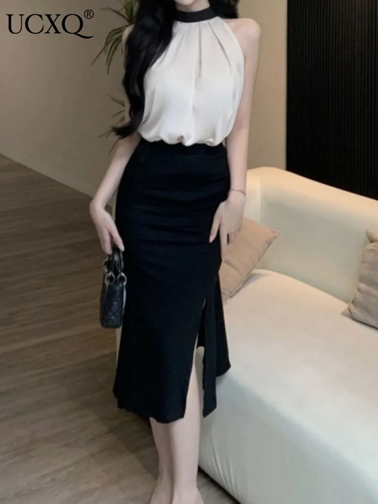 

UCXQ Fashion Women's Sets Office Lady Sleeveless Strapless Top Fishtail Skirt Elegant Two Piece Set 2024 New Spring Summer A9414