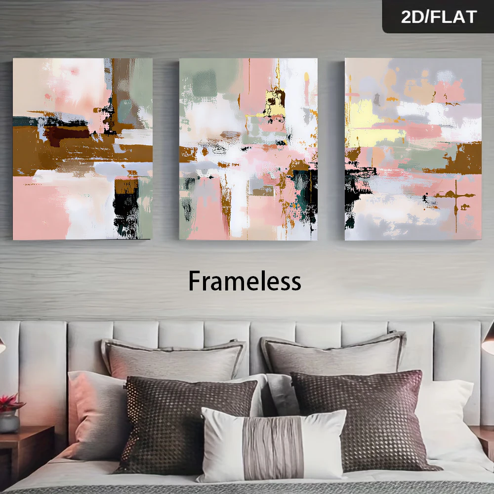 1 set of modern abstract triptych frameless decorative paintings, living room, bedroom, entrance wall paintings, pink, gray, gol