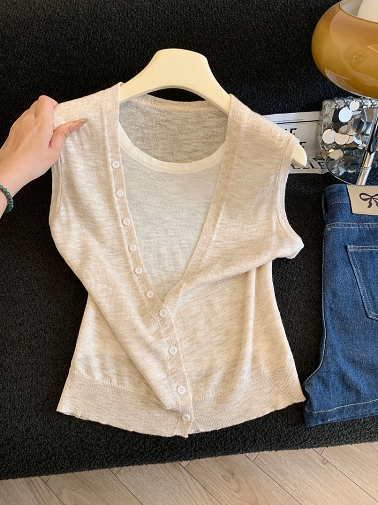

Color Block Knitted Top Women Summer New Style Lazy Fashion Sleeveless Self-Keeping Recommendation Fake Two-Piece Knitwear