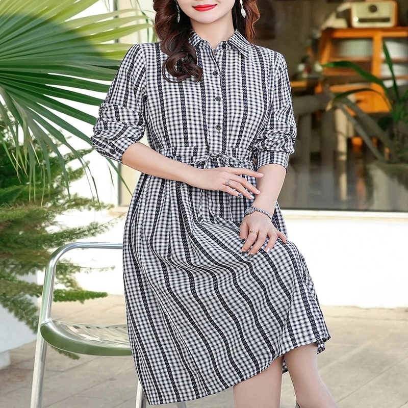 

Spring And Summer New women's Casual Loose Dress Elegant Temperament Fashionable And Versatile Plaid Mid-length Dress