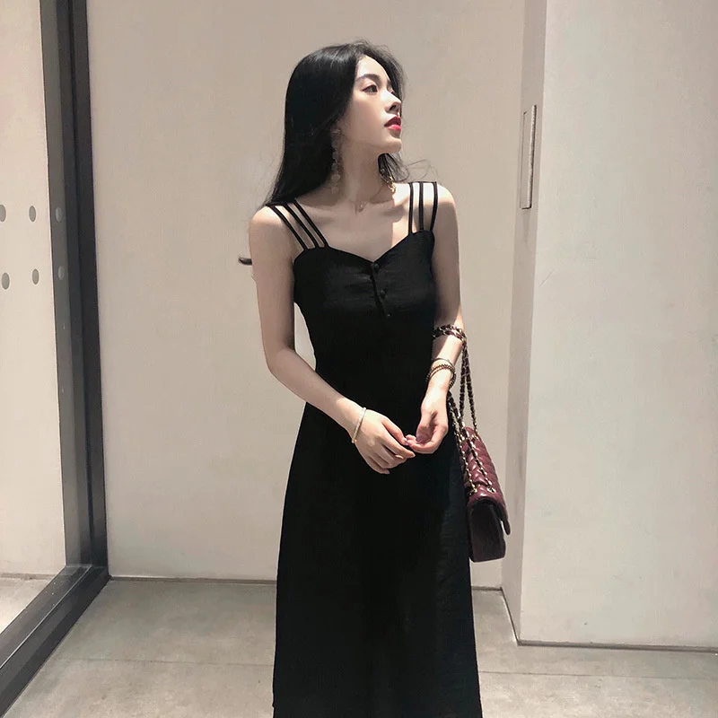 2022 Summer Women's New Careful Machine Strapless Suspenders All-match Fairy French Temperament Waist Slim Black Dress