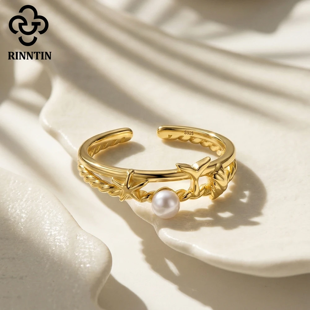 

Rinntin 925 Sterling Silver Ocean Mermaid Tails Ring for Women with Natural Pearl Finger Jewelry Collection Gift APR46