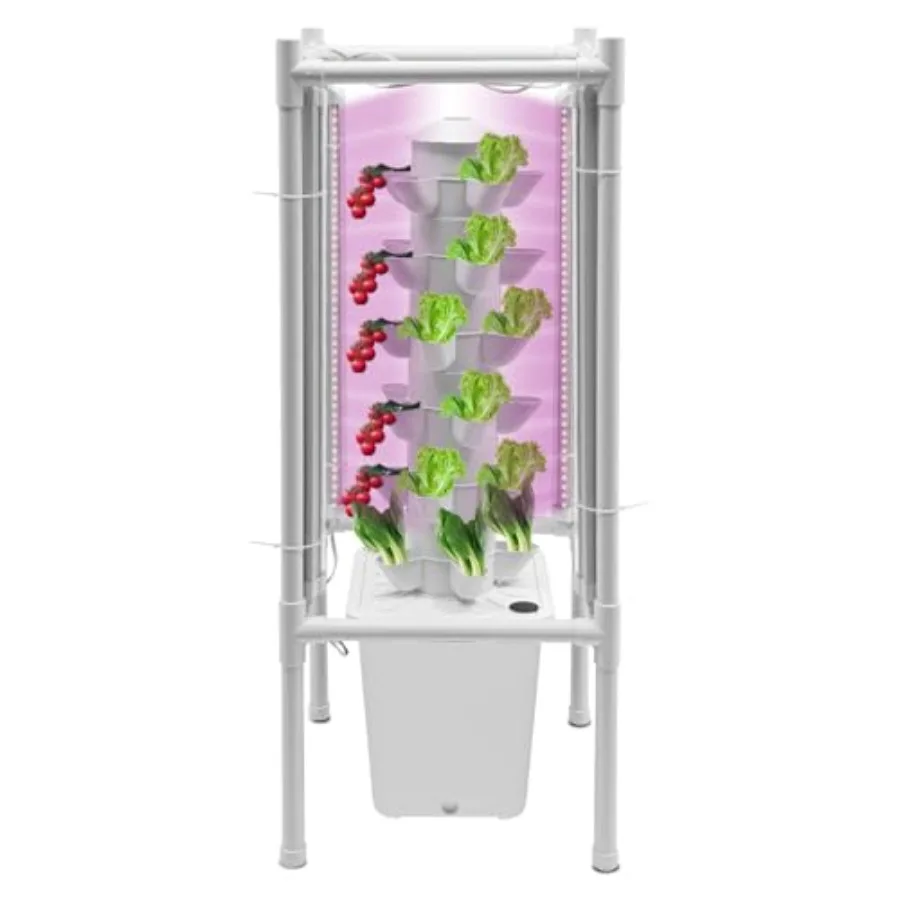 Indoor Vertical Hydroponic Tower Garden with 4 LED Grow Lights for Growing 30 Lettuce Vegetables Herbs Fruiting Plants - White