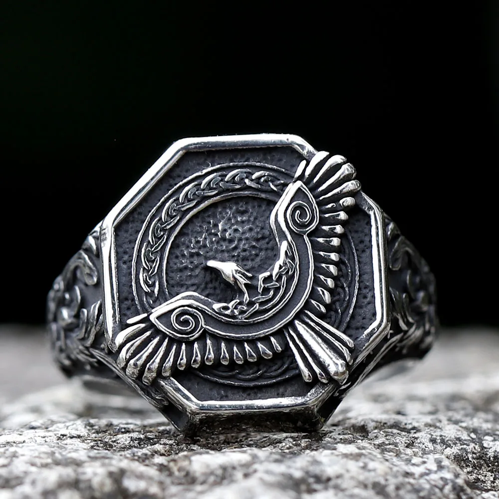 2023 New Amulet 316L Stainless Steel Norse Mythology Flying Eagle Ring For Man Women Viking Pattern Jewelry Party Gift