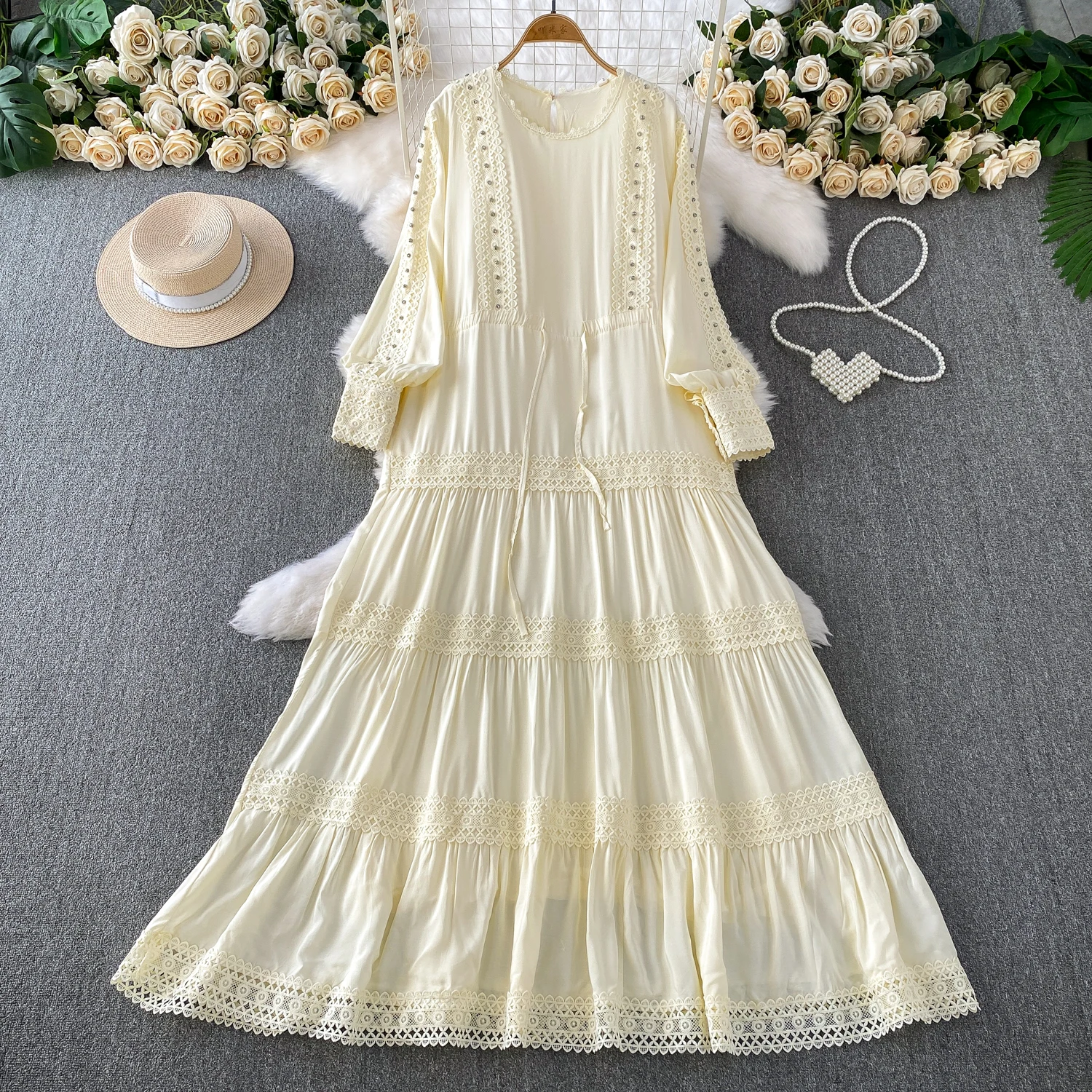 النمط الفرنسي الدانتيل الربط فستان طويل المرأة 2025 جديد الخريف ضوء الفاخرة الماس س الرقبة فساتين فضفاضة فستان الحفلات النسائية