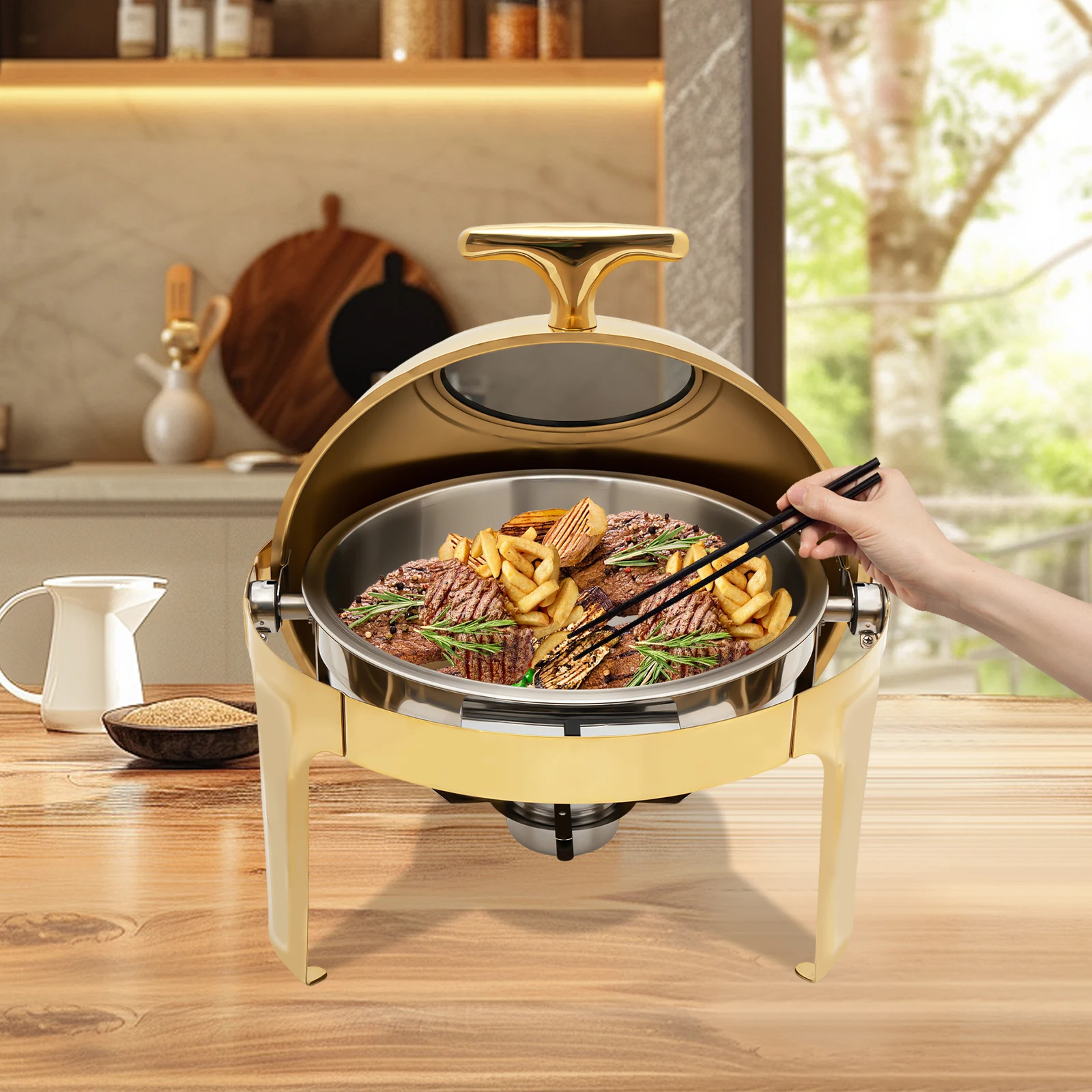 

[Набор круглых тарелок-буфет] Набор подогревателей для буфет из нержавеющей стали с рулонной крышкой - Нержавеющая сталь 201 - Для буфетов - Утепление еды Ru