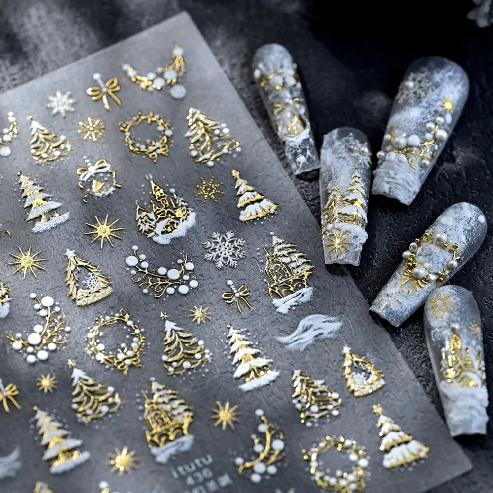 5D Embossed Gold Castle/Garland/Christmas Tree Nail Stickers White Snowflakes Bow Star Nail Decals Self-Adhesive Xmas Nail Decor