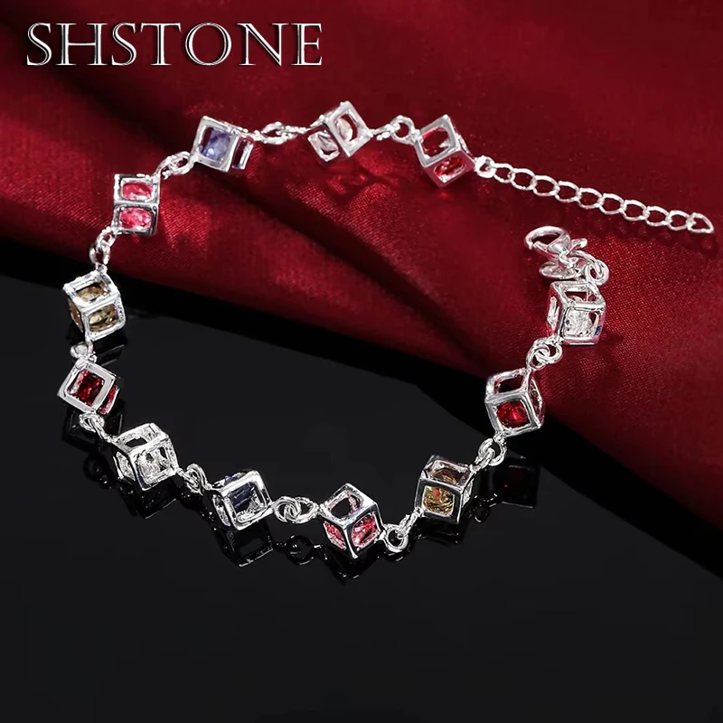 SHSTONE Color Crystal Lattice Chain 925 Sterling Silver Bracelets for Women Wedding Party Girl Christmas Gifts Fashion Jewelry