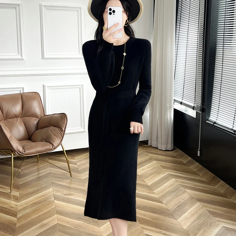 100% Pure Wool Skirt, Round Neck Waistband, Knee High Mid Length Cashmere Dress, Back Slit Vertical Stripe Slim Fit Knit Sweater