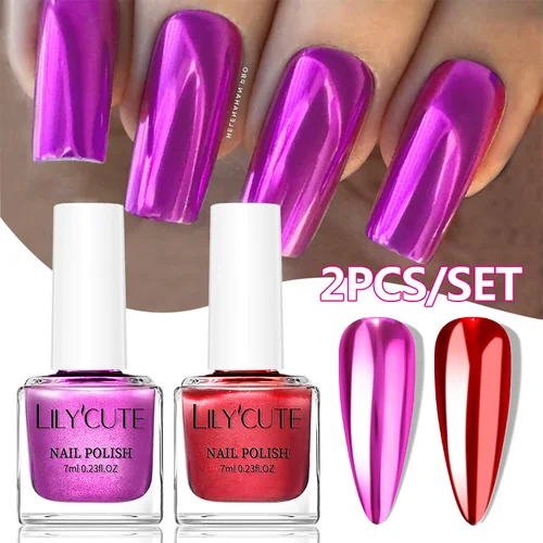 Imagen 2 del producto LILYCUTE 7ml 2 botellas de esmalte de uñas metálico superbrillante sin necesidad de lámpara botella de vidrio de secado rápido esmalte Regular para suministros de decoración de uñas