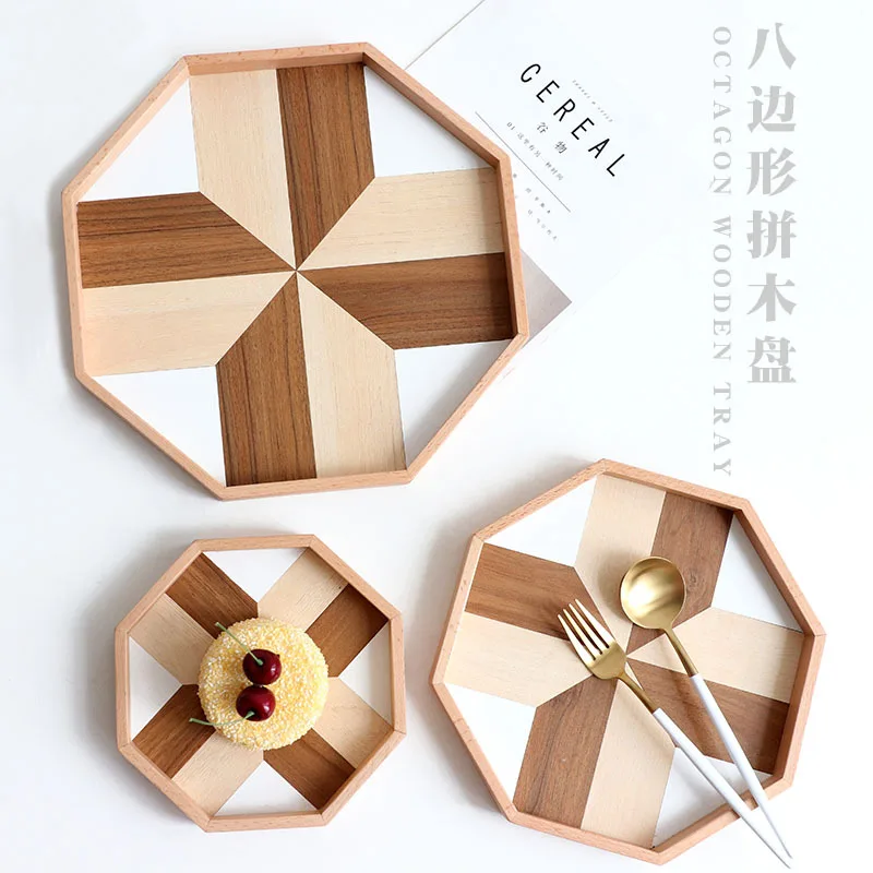 10Pcs Splicing Octagon Wood Pan Serving Table Plate Dessert Dinner Pastry Bread Plate Tableware Fruit Dishes Kitchen Supplies