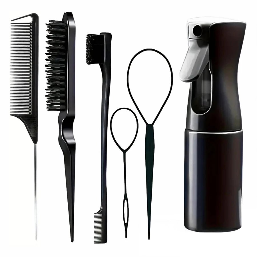 Professional 6-Piece Hairdressing Tool Set Includes Gel Spray Bottle EdgeControl Brush Mouse Tail Comb Knitting Tools Hair Brush image 5