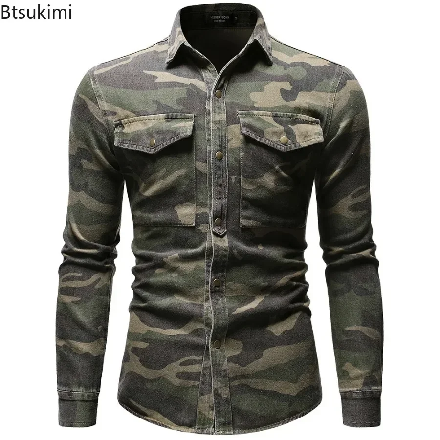 New 2024 Men\'s Denim Shirts Fashion Soft Lapel Camouflage Shirt Jacket Man Casual Slim Outdoor Climbing Cowboy Tops Shirt Male