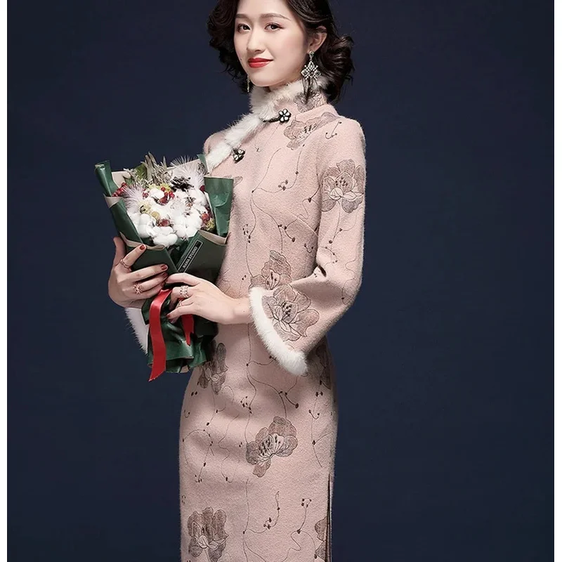 Qipao traditional Chinese oriental dress women cheongsam sexy modern Chinese dress Qi pounds thick female winter Asian dress ff2