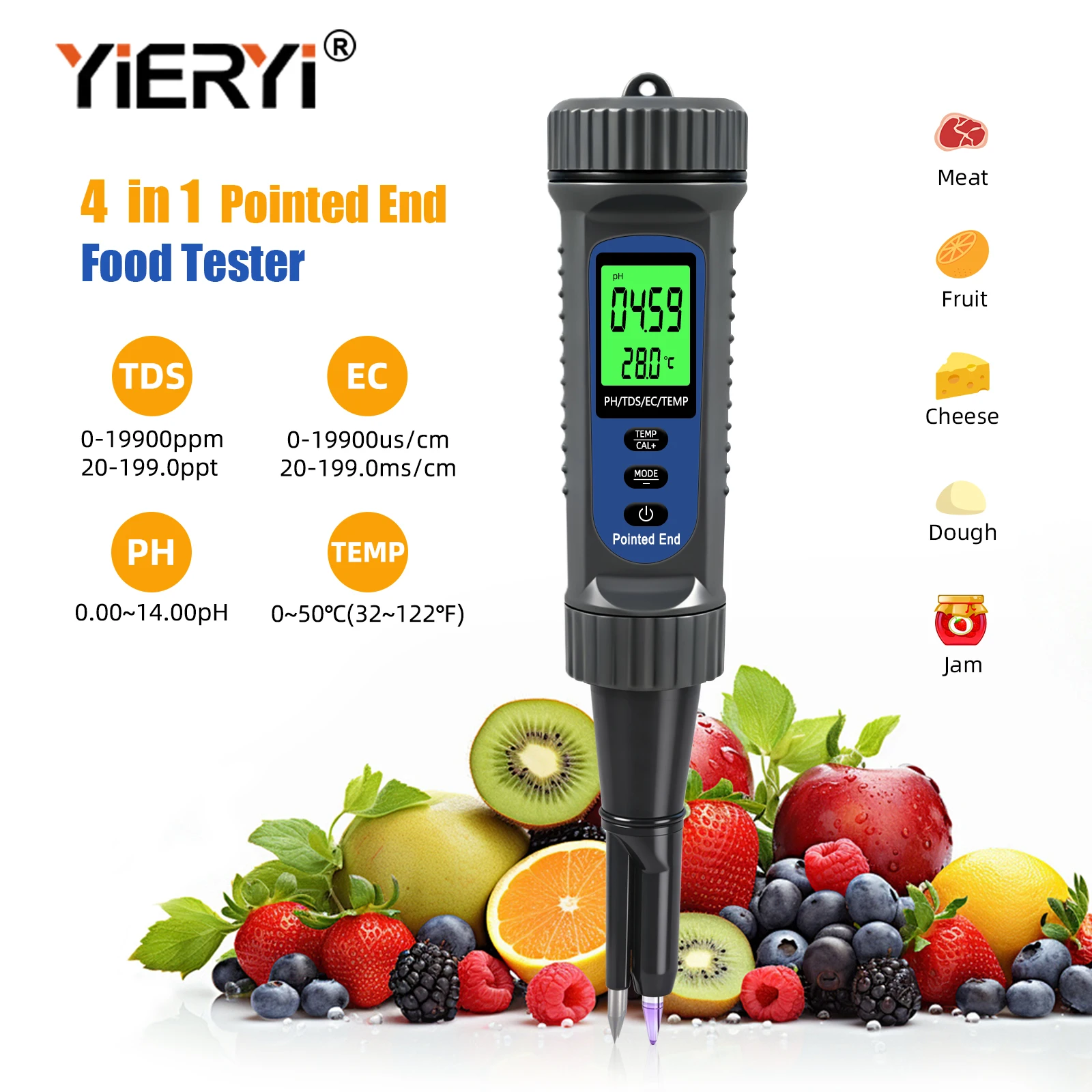 Yieryi 4 in 1 Digital Food PH Meter TDS EC TEMP Tester with High Accuracy Pointed Probe for Cheese Dough Fruit Jam Meat Fish