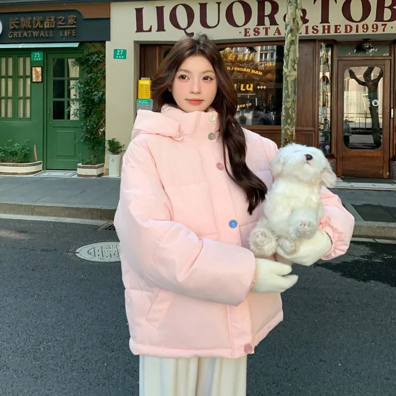 Winter Thick Hooded Parkas Women Sweet Preppy Loose Casual Zipper Puffy Coats Chic Button Long Sleeve Baggy Warm Student Outwear