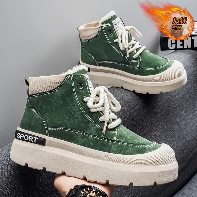 Imagen 4: Botas altas de otoño e invierno para hombre, botas de trabajo con superficie de cuero Retro informales cálidas con forro polar de estilo británico, resistentes al agua