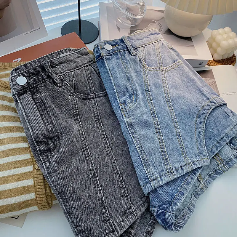 2023 Summer Women's Blue Black Shorts New Fashion High Waist Spliced Solid Color Irregular A-line Wide Leg Denim Shorts Female