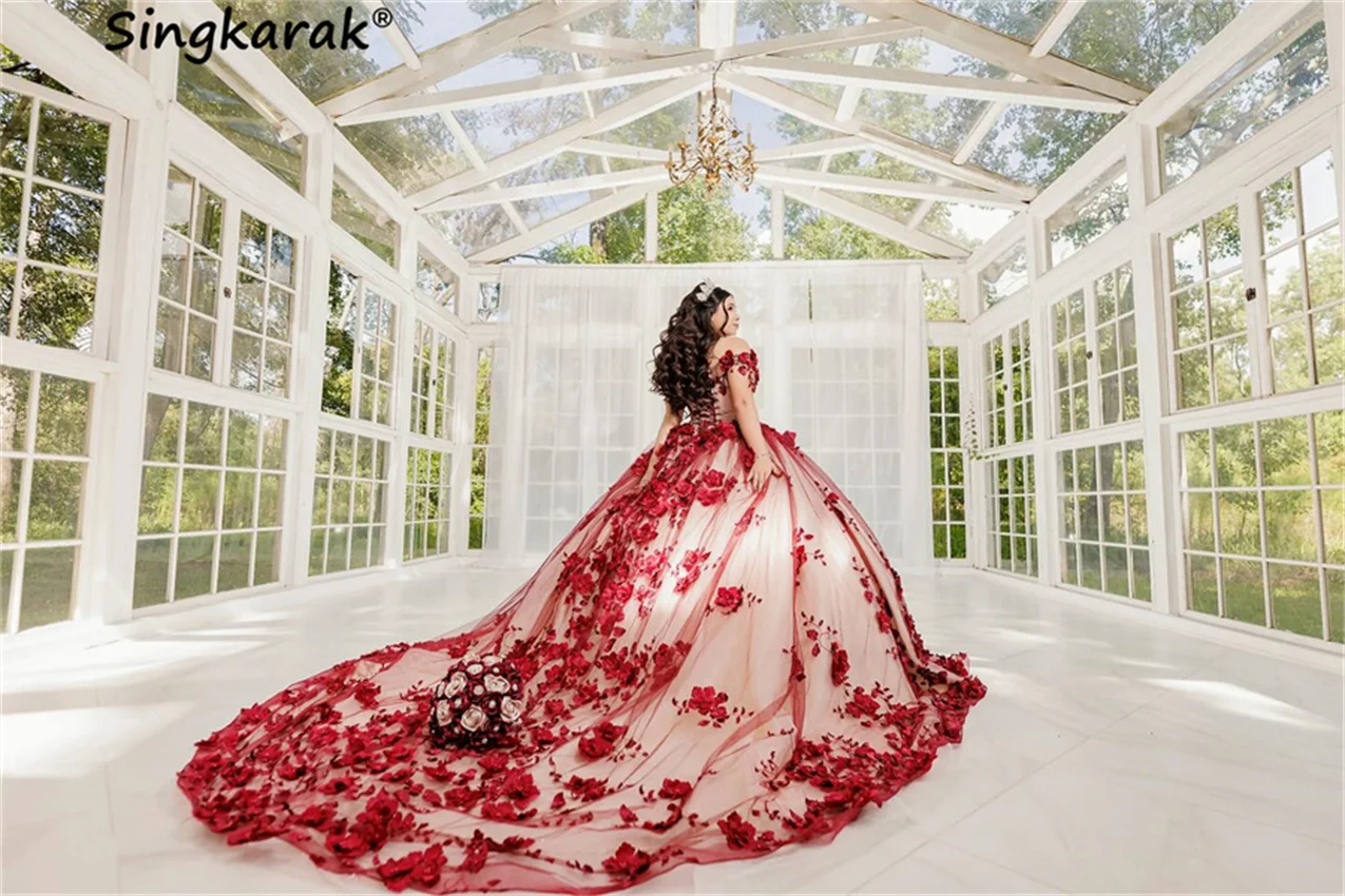 Милые красные платья принцессы Quinceanera 2025 Изысканные 3D цветочные аппликации из тюля Роскошные платья на 16-й день рождения Vestidos по индивидуальному заказу