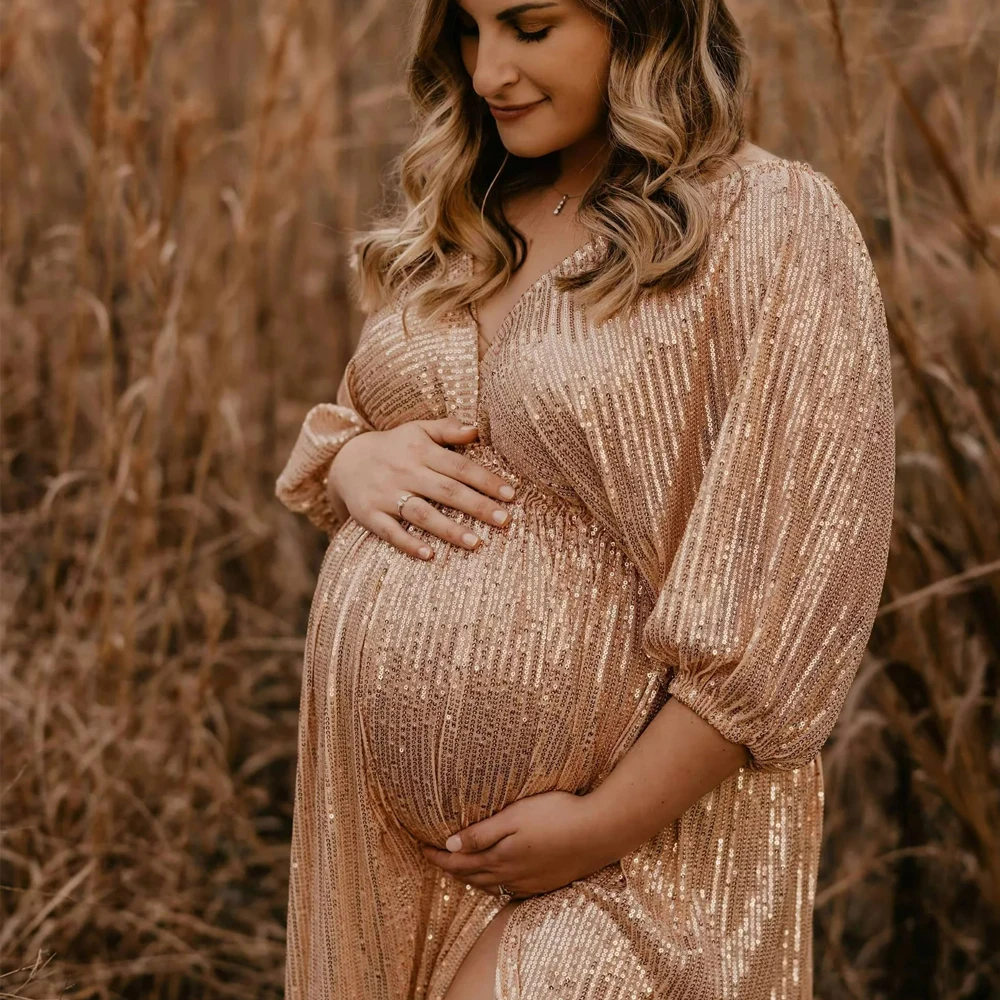 Maternity Photography Props Dress Elegant Vintage Sequin V-neck Dress For Photography Props Gown Clothes For Photo Shoot