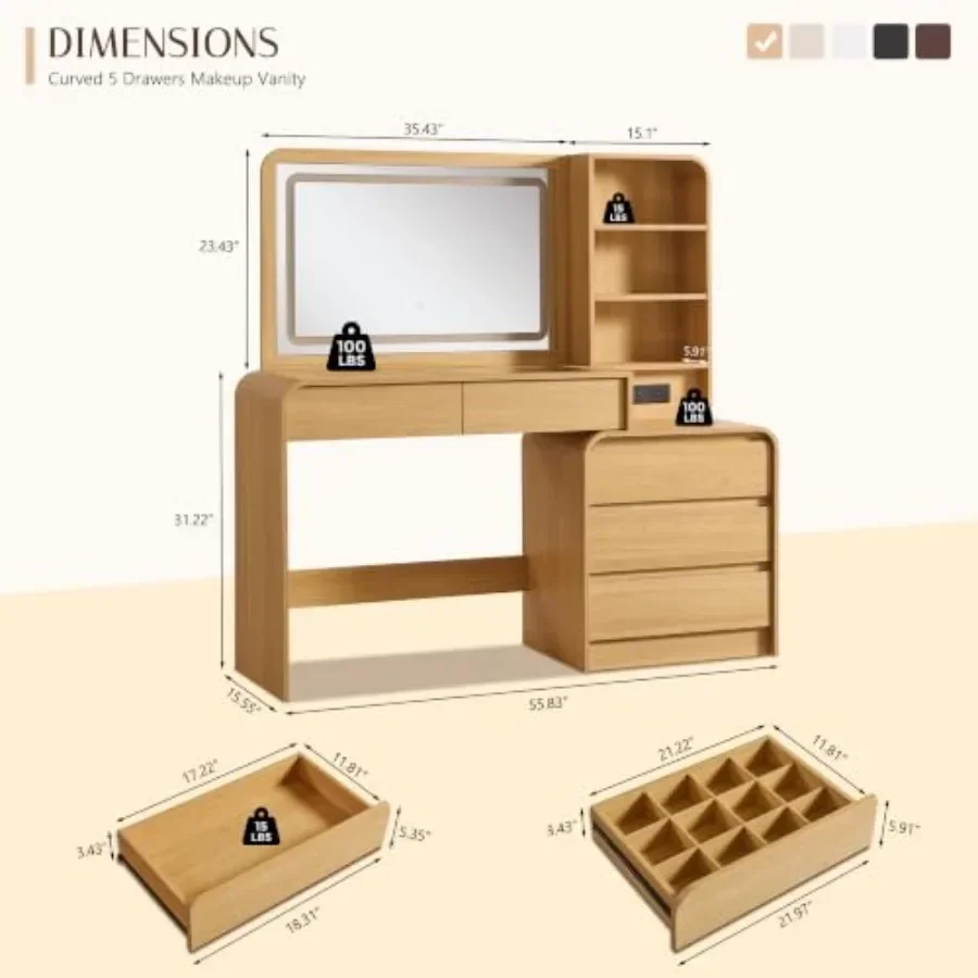 Modern vanity desk for bedroom use, MDF material, white finish, includes 50-inch desk, 35.43-inch HD mirror with integrated LED