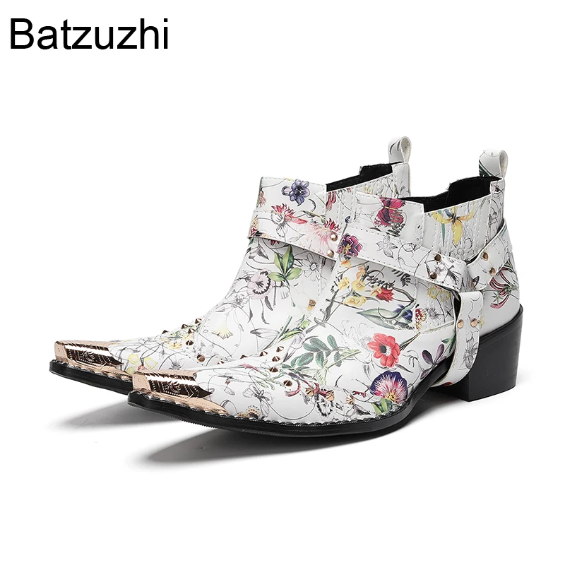 

Batzuzhi 2025 New Men's Boots Pointed Iron Toes Slip on Flowers Print Leather Ankle Boots Man 6.5cm High Heels Rock Boots Man