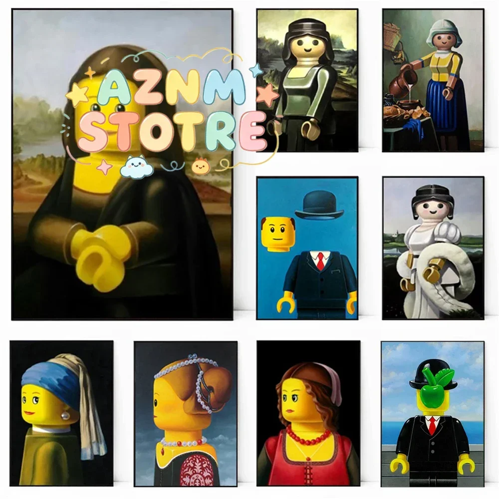 Abstract Funny Mona Lisa Legos Poster And Prints Cartoon Famous Painting Canvas Wall Art For Living Kids Room Home Decoration