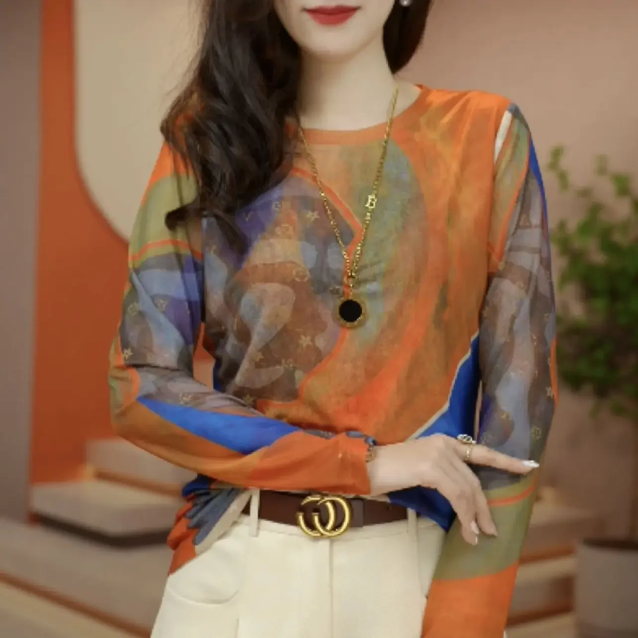 Damskie jesienne nowe dopasowane bluzki z nadrukiem, eleganckie bluzki z długim rękawem z czystej bawełny, wysokiej jakości europejska baza tie-dye.