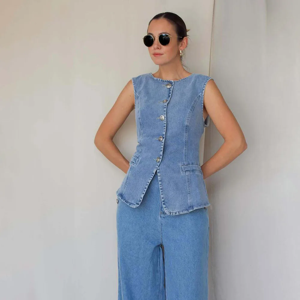 Set Celana Panjang Denim Fashion Wanita Musim Panas 2025 Rompi Ramping Kasual dan Jeans Longgar Kaki Lebar Set Dua Potong