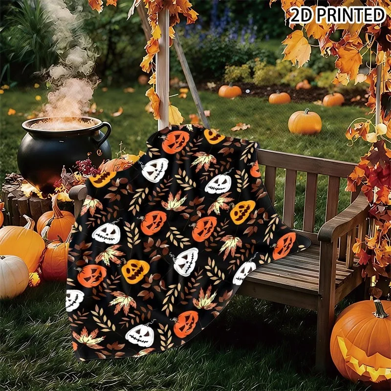Halloween Themed Throw Blanket, Seamless Spooky Pumpkin And Autumn Leaves Pattern on Black Background, Multiple Specifications A
