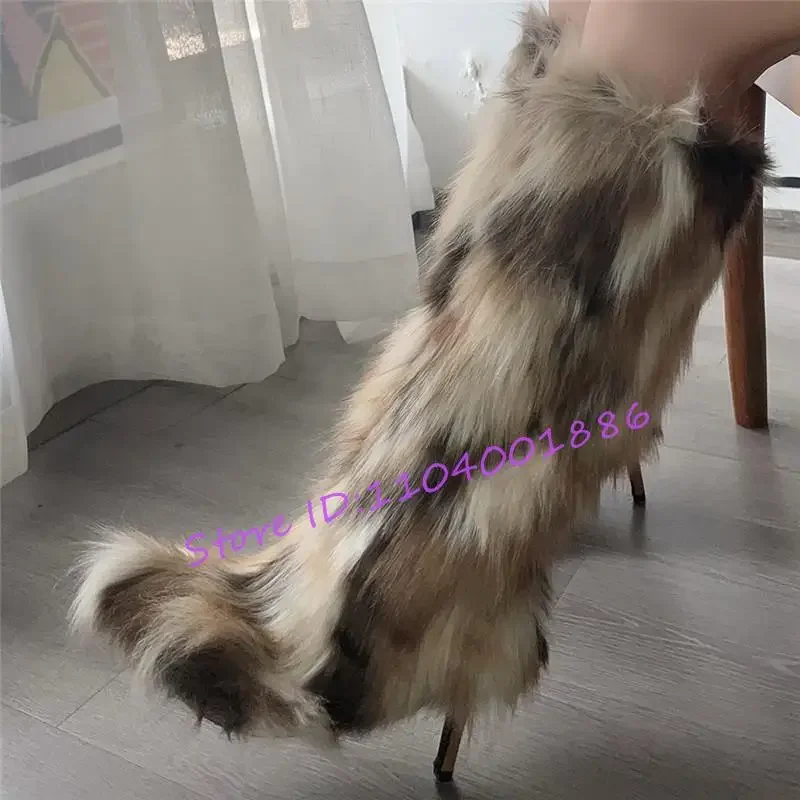 Fur Leather Brown Knee High Boots for Women Autumn Winter Fashion Pointed Toe High Heel Snow Boots Stiletto Shoes Big Size 32-50