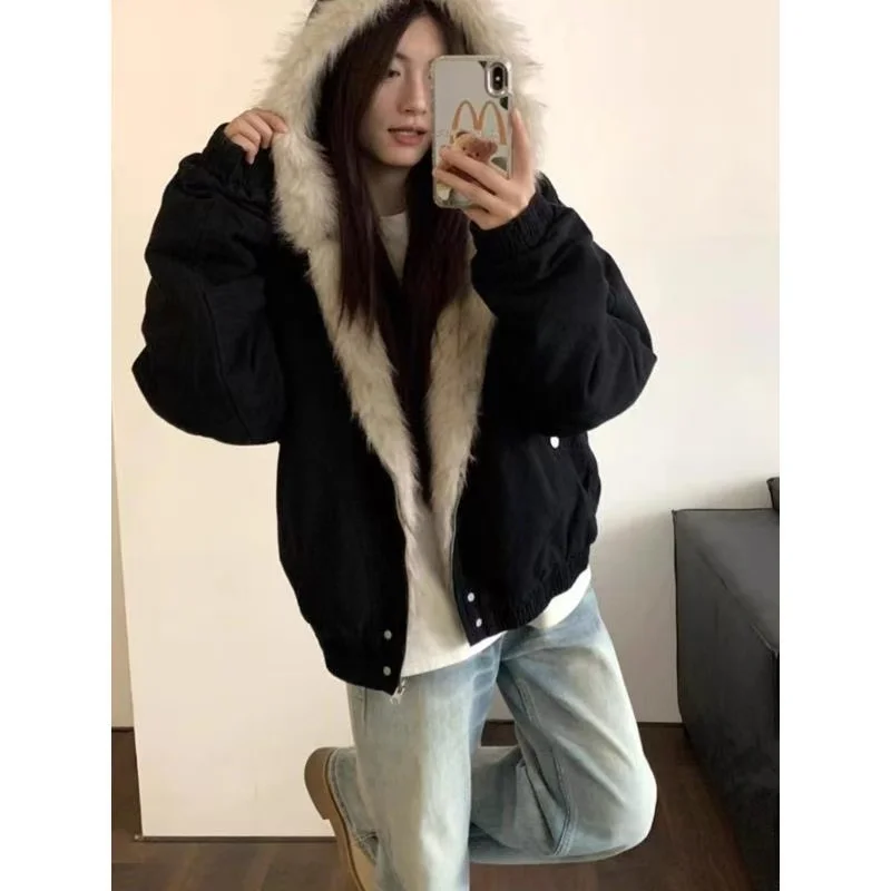 Kurtka damska Y2K w stylu American Vintage z długim rękawem, krótkim kapturem, kołnierzem ze sztucznego futra, casualowa, jednolita, zapinana na zamek, streetwear, jesień 2025