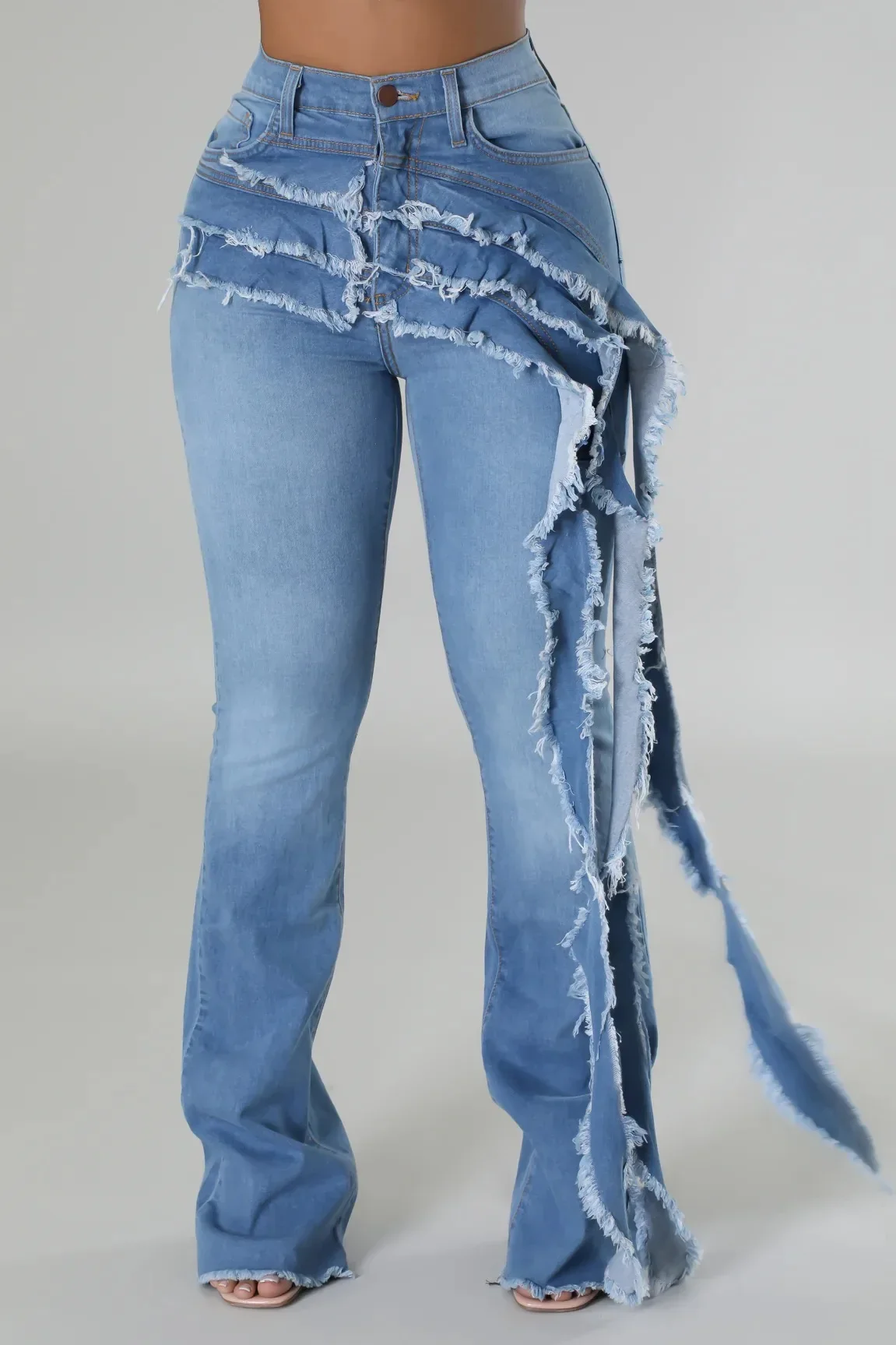 Women Street Fashion High Waist Wide Leg Jeans Trousers 2024 Summer Ruffles Tassel Ripped Out Washed Chic Denim Pants