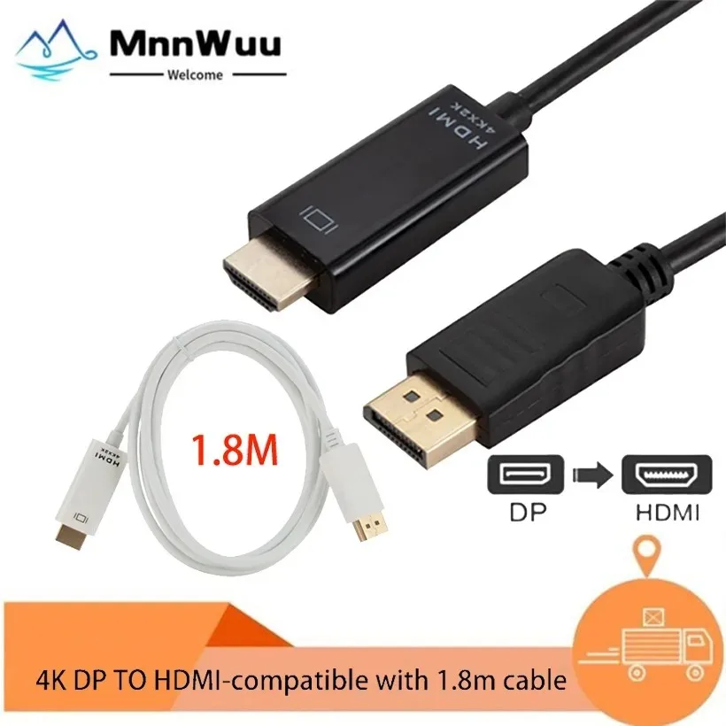 

MnnWuu 4K DisplayPort to HDMI-compatible Adapter Converter Display Port Male Cable Adapter Video Audio For PC TV 1.8M