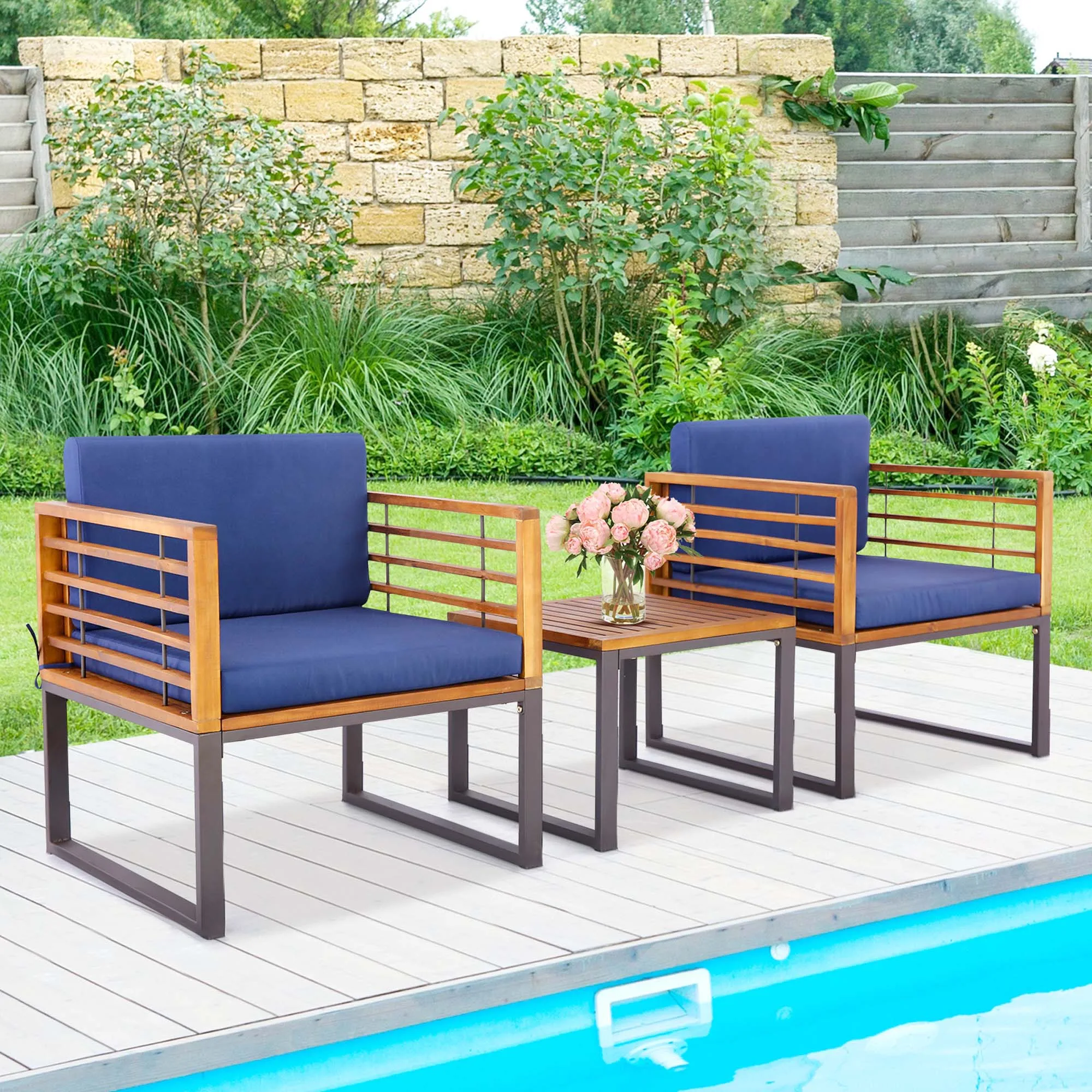 3pcs Patio Acacia Wood Bistro Conversation Cushioned Chair & Table Set Outdoor