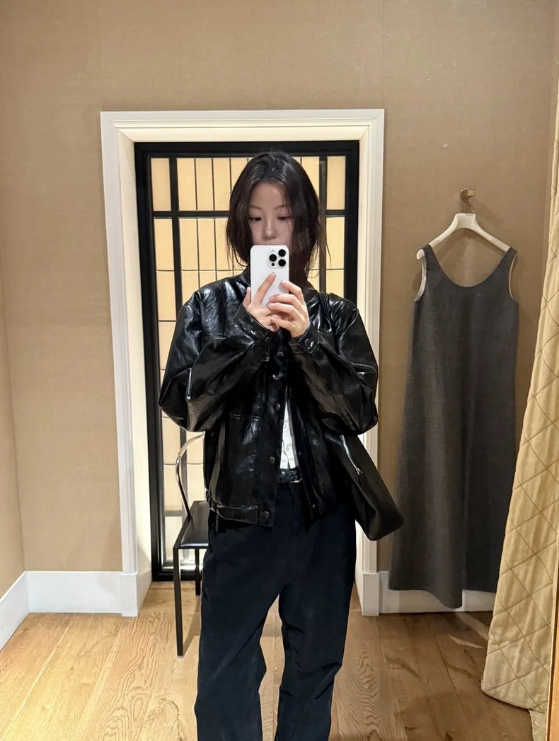 الكلاسيكية الرجعية Bla لامعة الجلود Jaet الوقوف طوق معطف قبلون العلامة التجارية تخفيف Sle فضفاضة تناسب الجلود الاصطناعية طويلة Sve