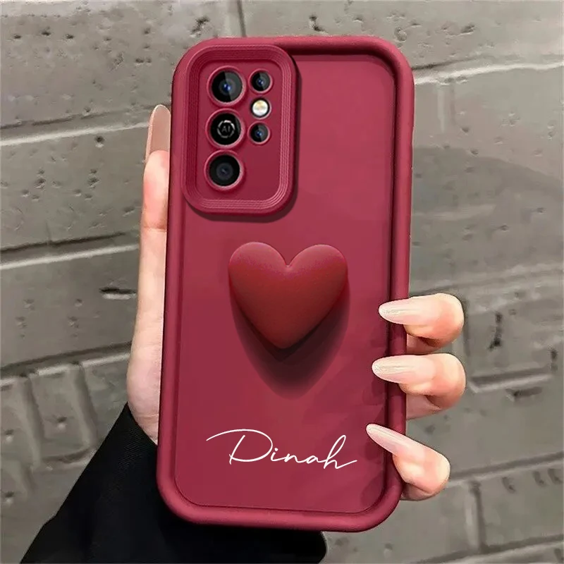 Caixa personalizada do coração do amor 3D para a galáxia de Samsung, nome personalizado, tampa macia luxuosa, S24, S23, S22, S21, S20 Ultra Plus