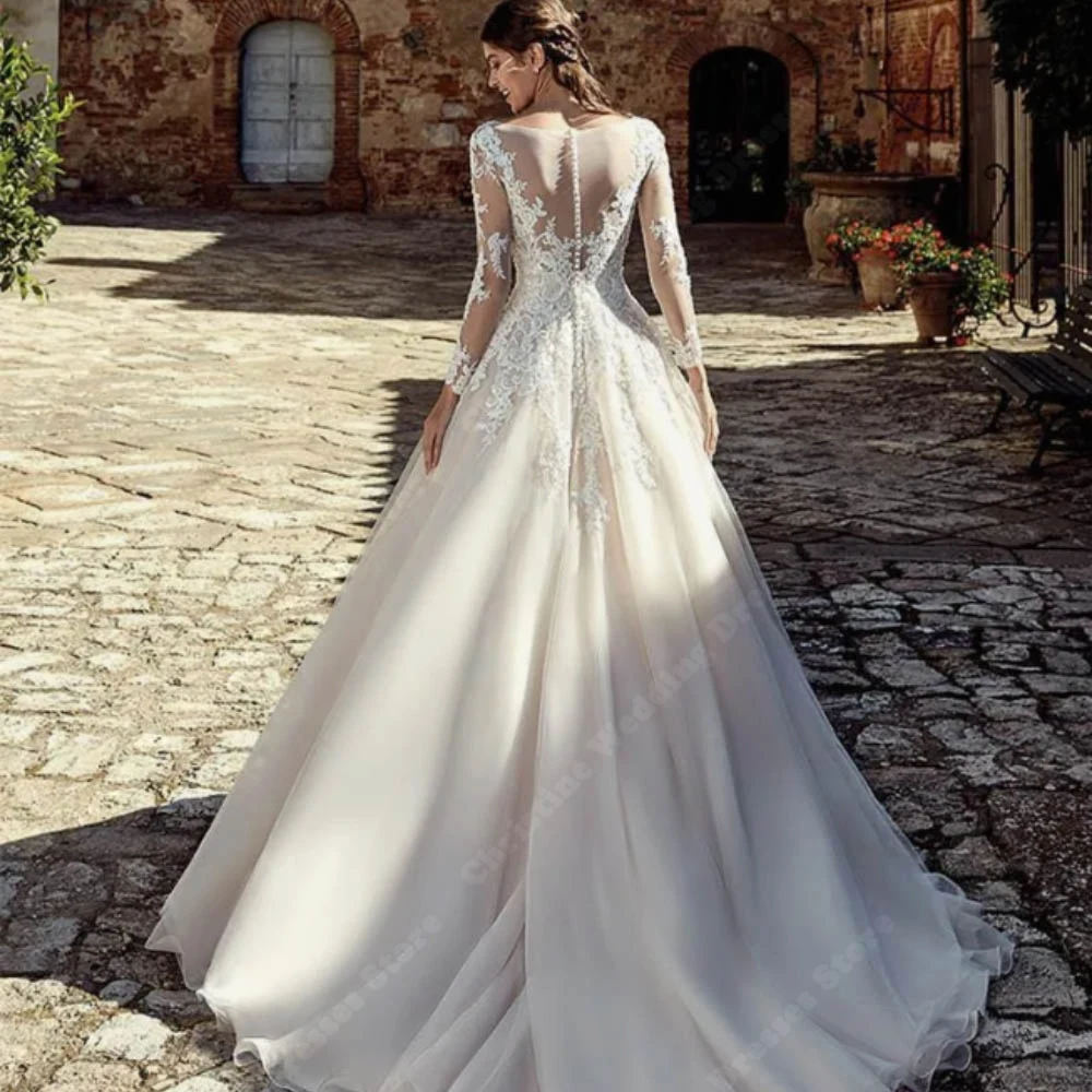 Elegante Spitze Druck Frauen Brautkleider Sexy Spitze Langarm A-Line Brautkleider Wischen Länge Vestidos De Novias Angepasst