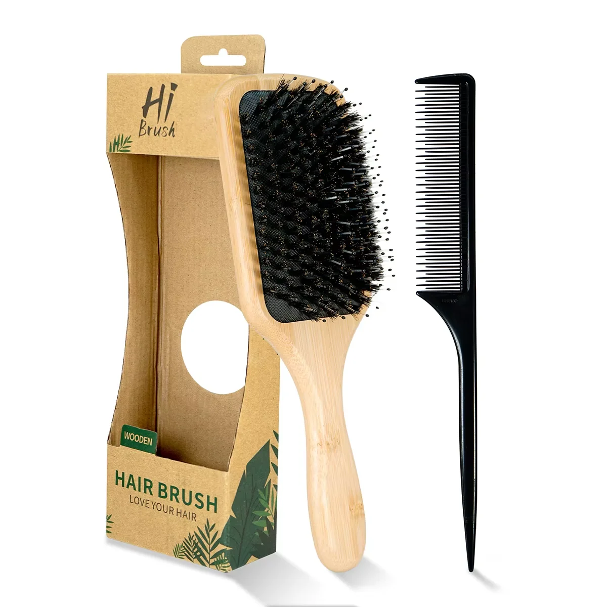 2-in-1 100% Natural Wooden Hair Brush & Rat Tail Comb Set - Professional Bristle Brush for Detangling, Scalp Massage & Hair Care