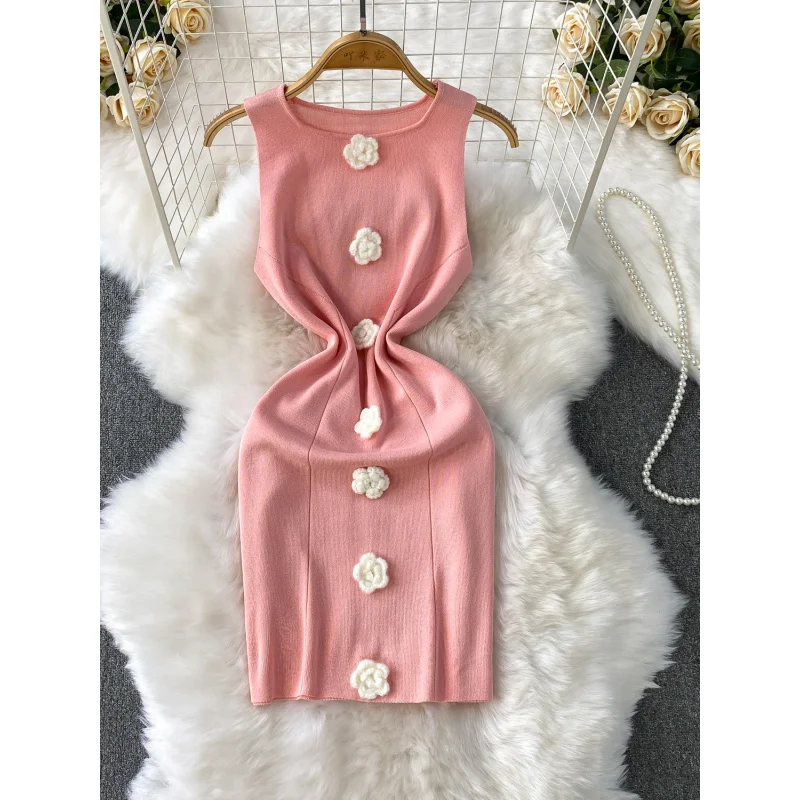 INS風 レディース 夏 シック スリム ニット ボディコン ミニ ショート タンク ドレス カジュアル パーティー 3Dフラワー シース ストリートウェア スリム ナイトクラブ ドレス