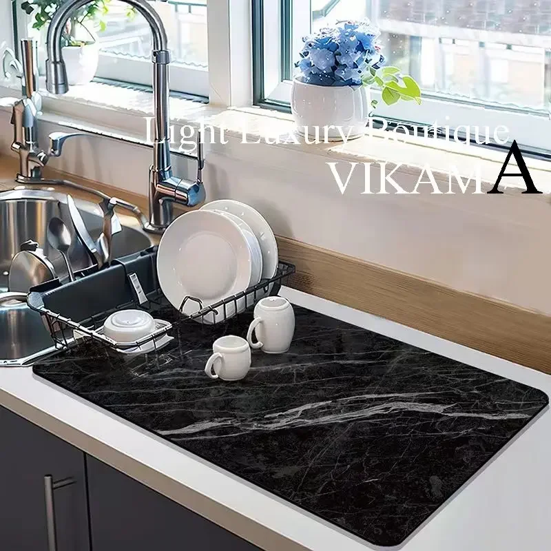 VIKAMA Marble Pattern Diatomite Placemat Kitchen Countertop Absorbent Mat Bar Tabletop Tableware Draining Mat Home Decor