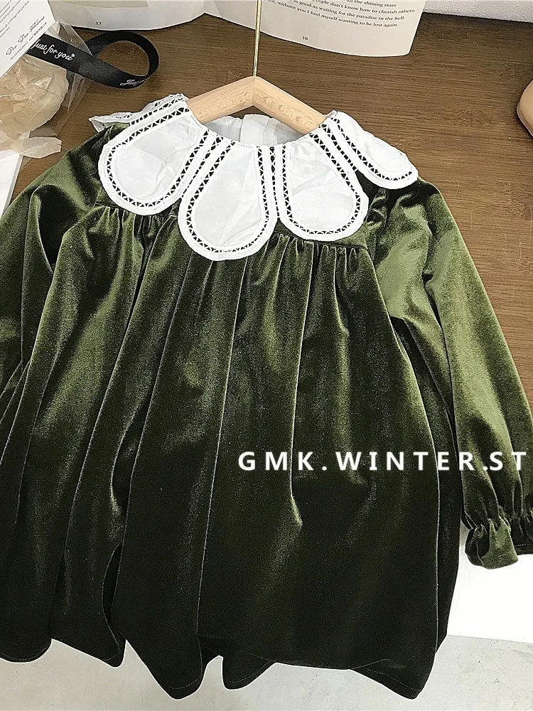 Girls' Velvet Dress Spring and Autumn New Children's Vintage Style Petal Collar Princess Dress Little Girl Long Dress